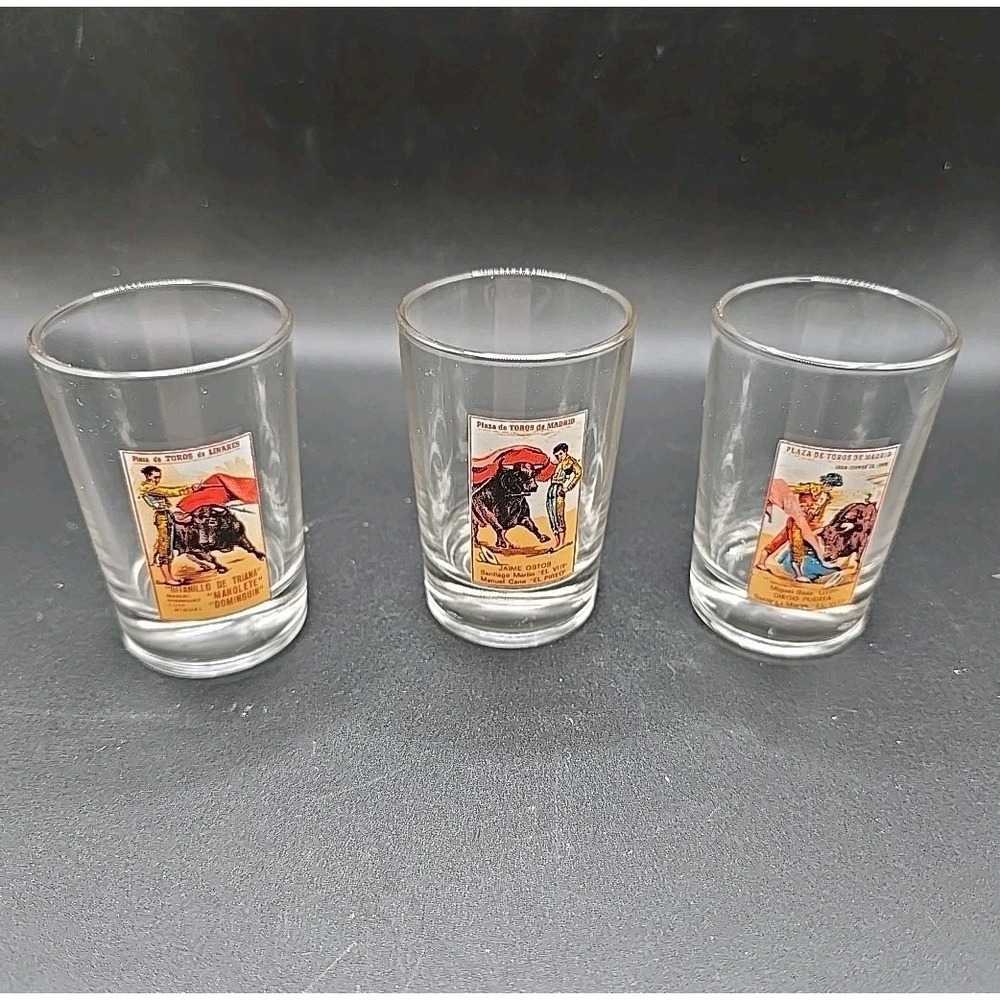 3 Vintage Plaza de Toros de Madrid Shot Glasses Bull Fighter Made In Portugal